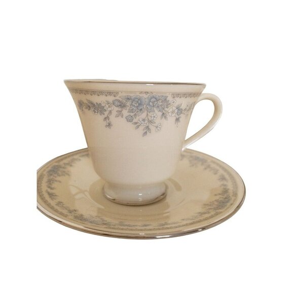 Lenox Reverie Teacup & Saucer Set With Delicate Blue Floral Design & Platinum - Picture 1 of 11